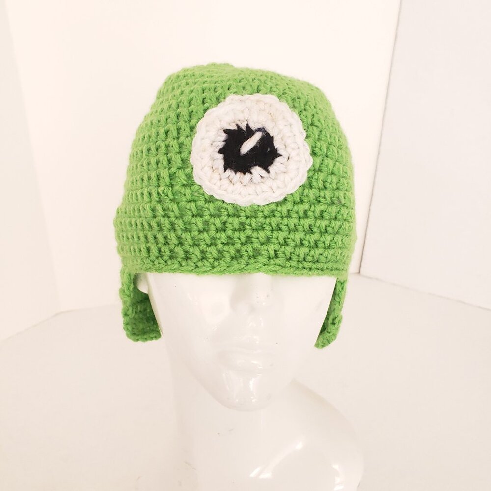 New Handmade Amigurumi Crochet Mike Wazowski Monsters inc Green Hat Beanie Flaps